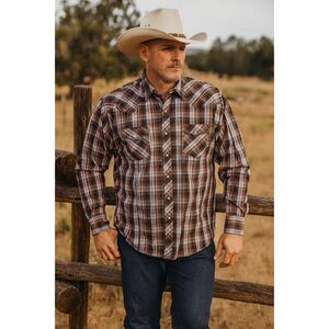 Vintage ELY CATTLEMAN Brown Plaid Pearl Snap Button Up Shirt Top Mens Size 3XL